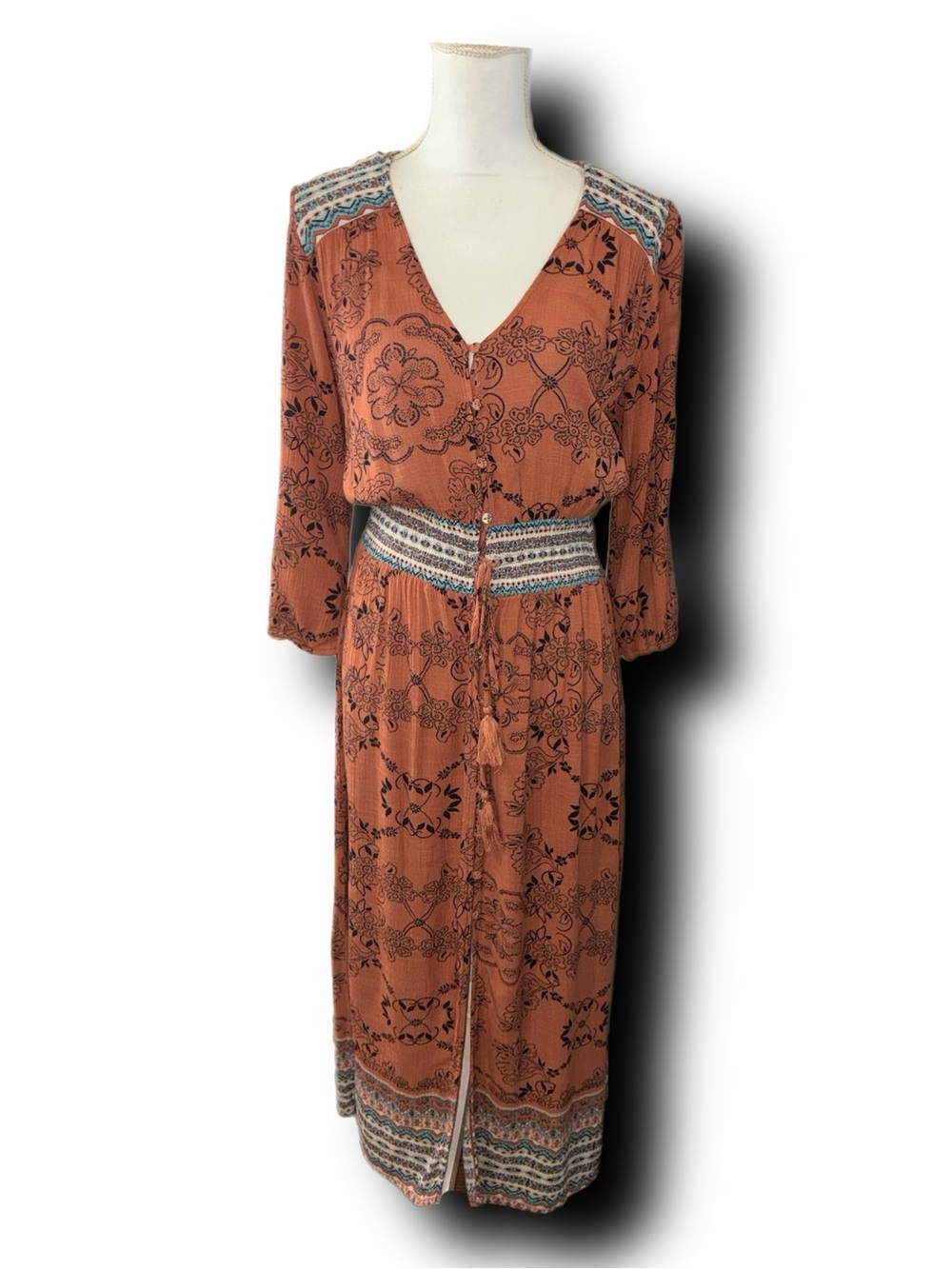 Boho Maxi Dress Paisley Fairy Whimsy Button Down American Rag 100% Rayon